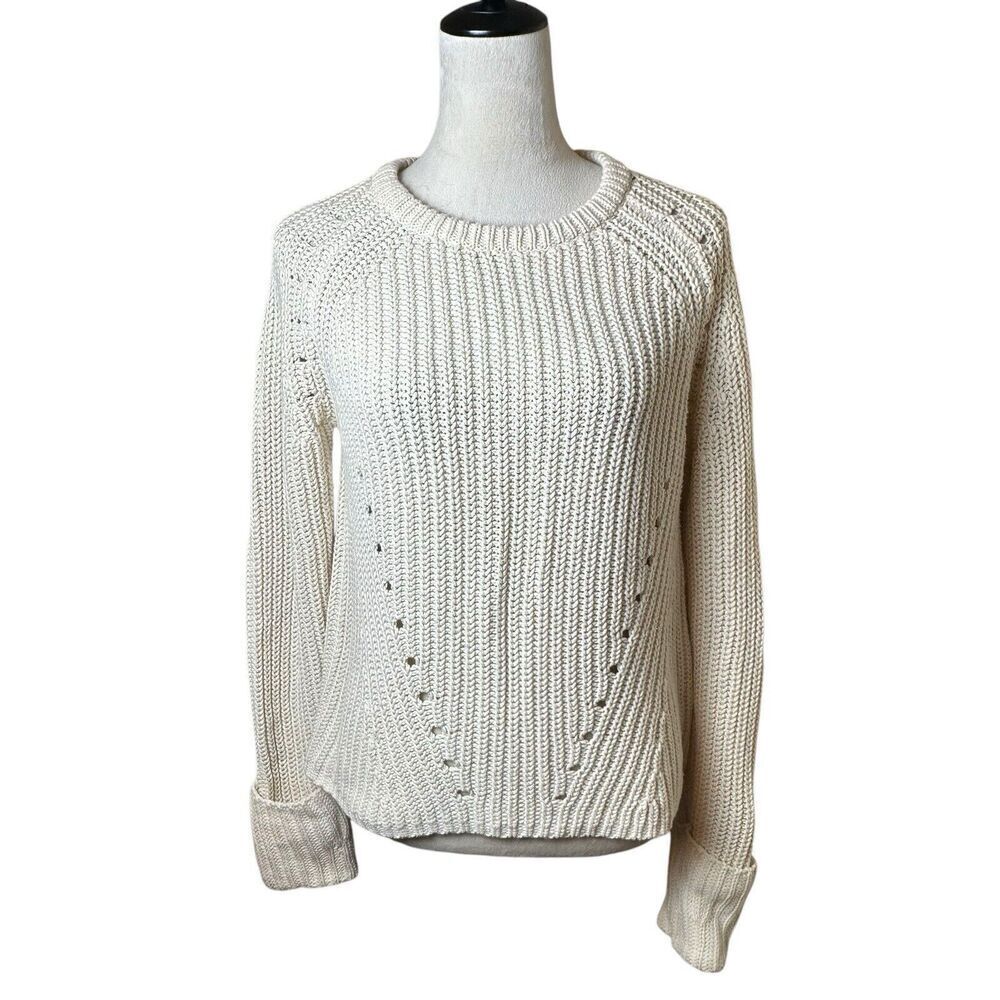 360 SWEATER Ivory Knit Pullover Womens Medium | Cozy Classic Ribbed Cotton Blend
